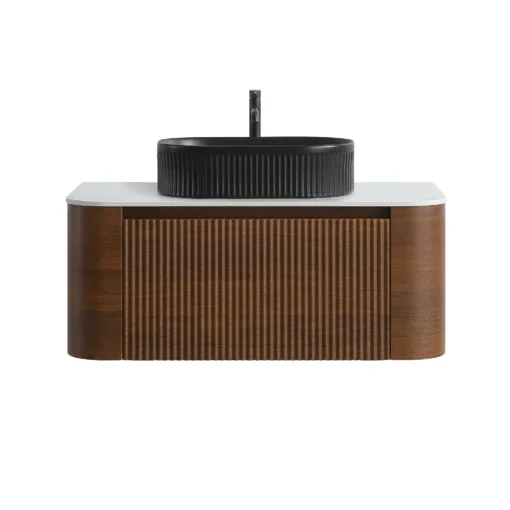 Cittaneo ERBA 36 inch floating walnut bathroom vanity with black fluted vessel sink and white countertop