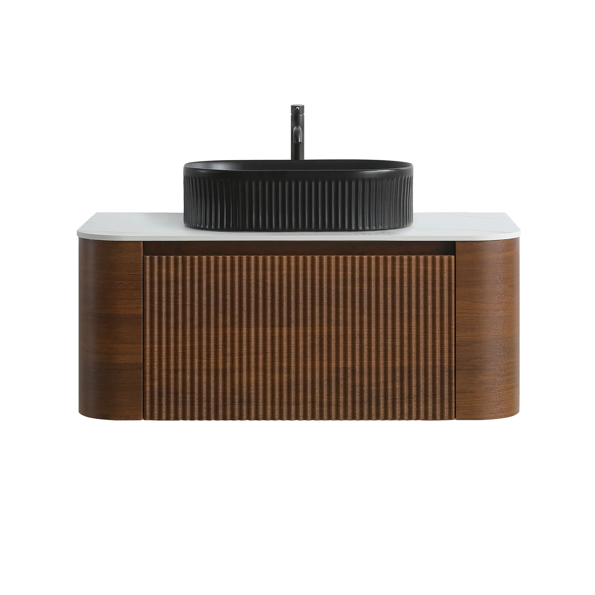 Cittaneo ERBA 36 inch floating walnut bathroom vanity with black fluted vessel sink and white countertop