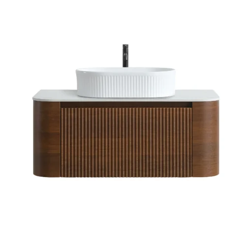 Cittaneo ERBA 36 inch floating walnut bathroom vanity with white fluted vessel sink, ribbed drawer front and white countertop