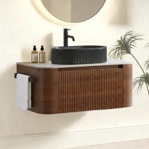 Angled view of Cittaneo ERBA 36 inch wall mounted walnut bathroom vanity with black vessel sink
