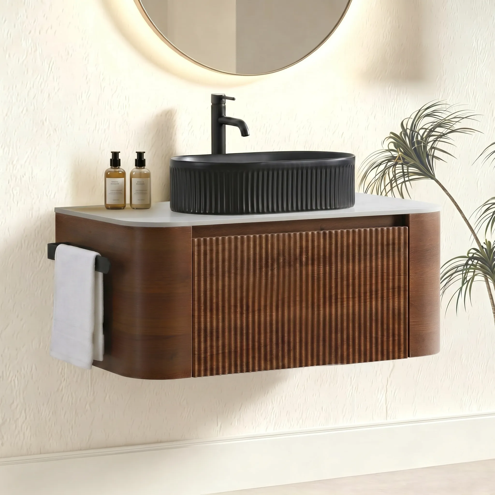 Angled view of Cittaneo ERBA 36 inch wall mounted walnut bathroom vanity with black vessel sink