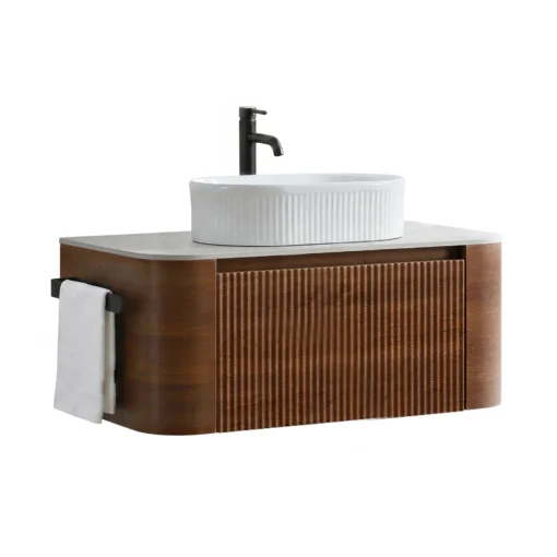 Cittaneo ERBA 36 inch wall mounted walnut bathroom vanity with white fluted vessel sink, side towel rack and modern floating design