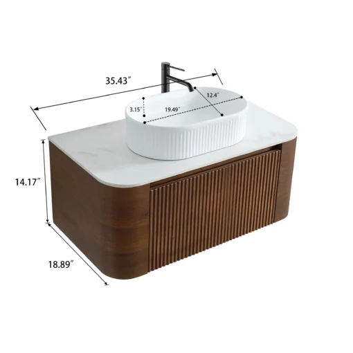 Cittaneo ERBA 30 inch walnut bathroom vanity dimensions with white fluted vessel sink, 29.52 inch width, 18.89 inch depth and 14.17 inch height