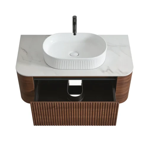 Top view of Cittaneo ERBA 30 inch walnut bathroom vanity with open storage drawer, white vessel sink and marble-look countertop