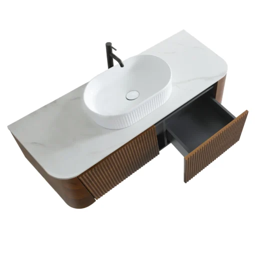Cittaneo ERBA 48 inch floating bathroom vanity with open storage drawers, walnut fluted fronts and white vessel sink