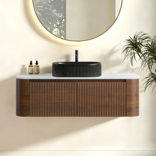 Cittaneo ERBA 48 inch floating walnut bathroom vanity with black fluted vessel sink and ribbed cabinet doors