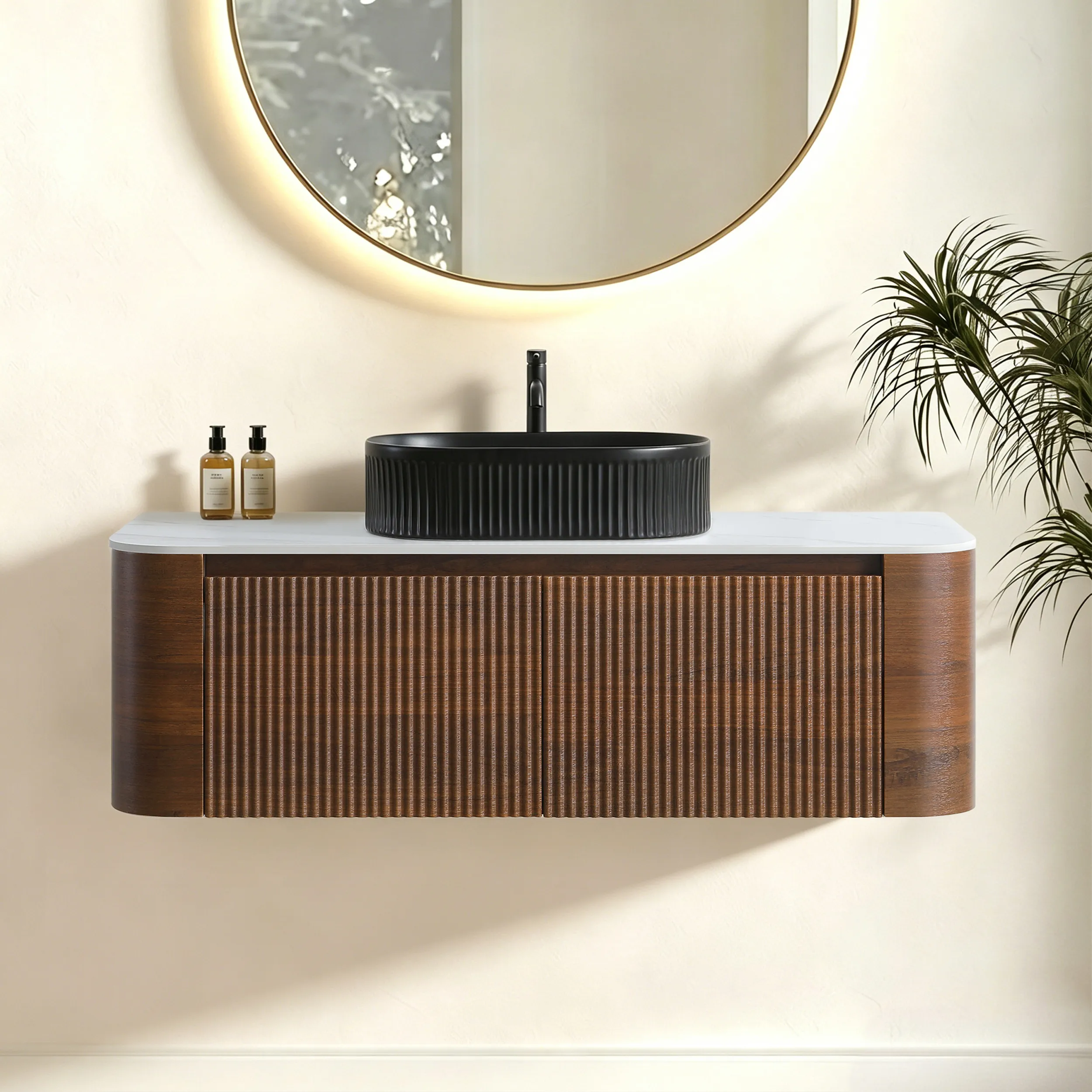 Cittaneo ERBA 48 inch floating walnut bathroom vanity with black fluted vessel sink and ribbed cabinet doors