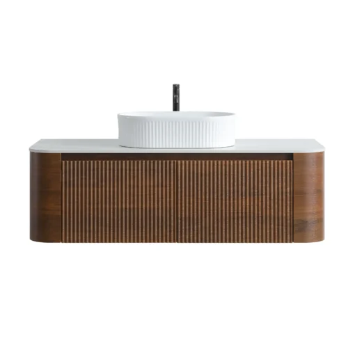 Cittaneo ERBA 48 inch floating walnut bathroom vanity with white fluted vessel sink, wide ribbed cabinet doors and white countertop