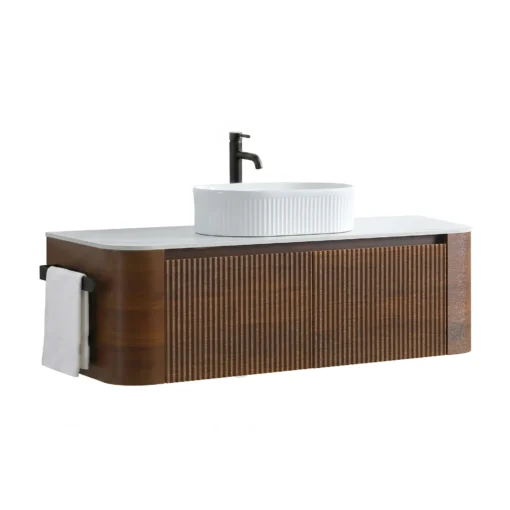 Cittaneo ERBA 48 inch wall mounted walnut vanity with white fluted vessel sink, side towel rack and long floating cabinet