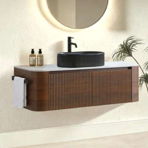 Side view of Cittaneo ERBA 48 inch wall mounted walnut bathroom vanity with towel rack and black vessel sink