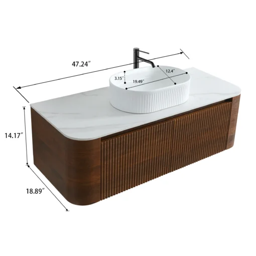 Cittaneo ERBA 48 inch walnut bathroom vanity dimensions with white fluted vessel sink, 47.24 inch width, 18.89 inch depth and 14.17 inch height