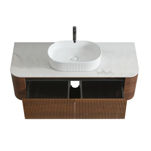 Top view of Cittaneo ERBA 48 inch walnut bathroom vanity with open double storage drawers, white vessel sink and marble-look countertop