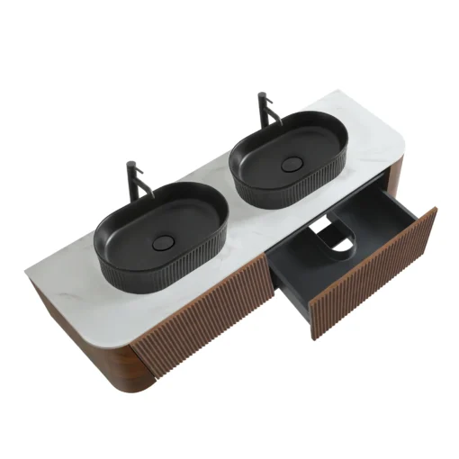 Cittaneo ERBA 60 inch double sink floating bathroom vanity with open storage drawers, walnut fluted fronts and black vessel sinks
