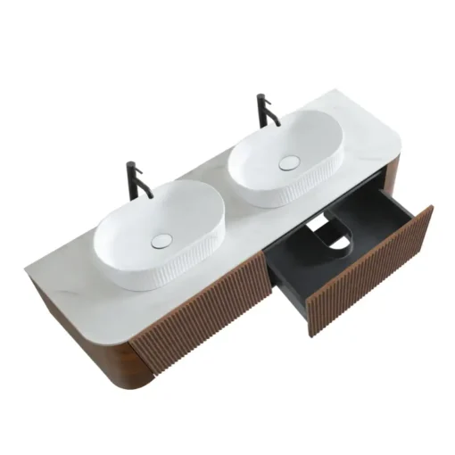 Cittaneo ERBA 60 inch double sink floating bathroom vanity with open storage drawers, walnut fluted fronts and two white vessel sinks