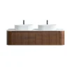 Cittaneo ERBA 60 inch double sink floating walnut bathroom vanity with two white fluted vessel sinks, white countertop and ribbed cabinet doors