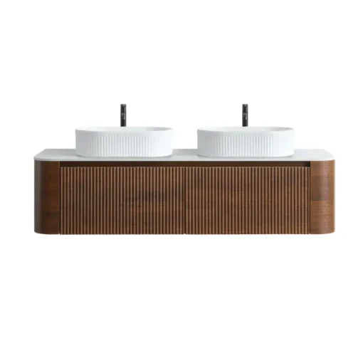 Cittaneo ERBA 60 inch double sink floating walnut bathroom vanity with two white fluted vessel sinks, white countertop and ribbed cabinet doors