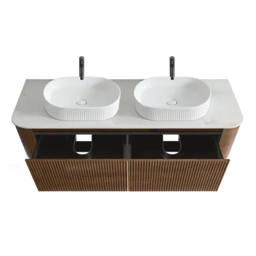 Top view of Cittaneo ERBA 60 inch double sink walnut bathroom vanity with open storage drawers, white vessel sinks and marble-look countertop