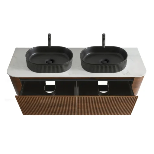 Top view of Cittaneo ERBA 60 inch double sink walnut bathroom vanity with open storage drawers, black vessel sinks and marble-look countertop