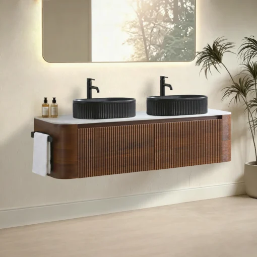 Angled view of Cittaneo ERBA 60 inch double sink wall mounted walnut vanity with black vessel sinks
