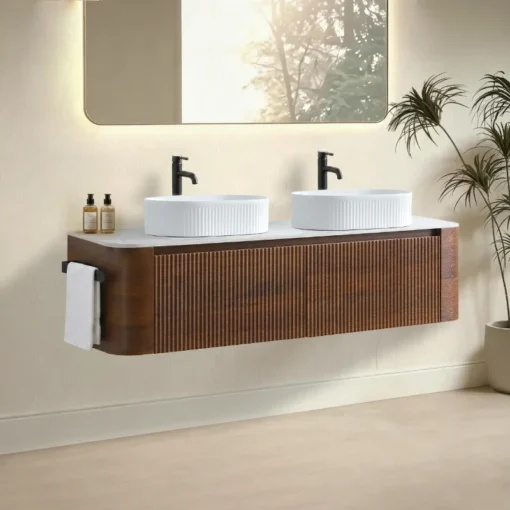 Cittaneo ERBA 60 inch wall mounted double sink walnut vanity with white fluted vessel sinks, side towel rack and floating design