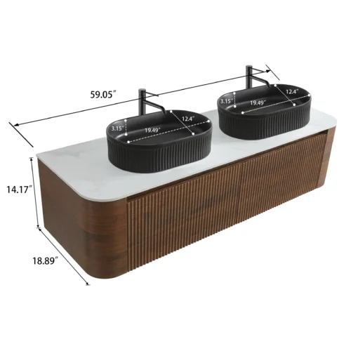 Cittaneo ERBA 60 inch double sink walnut bathroom vanity dimensions with black fluted vessel sinks, 59.05 inch width, 18.89 inch depth and 14.17 inch height