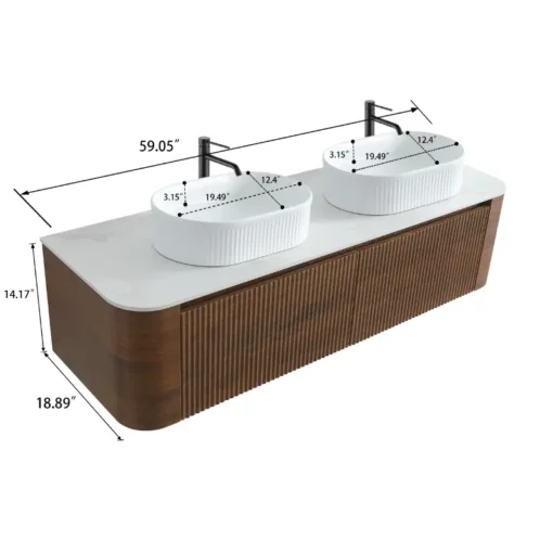 Cittaneo ERBA 60 inch double sink walnut bathroom vanity dimensions with two white fluted vessel sinks, 59.05 inch width, 18.89 inch depth and 14.17 inch height