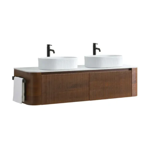 Cittaneo ERBA 60 inch wall mounted double sink walnut bathroom vanity with white fluted vessel sinks, side towel rack and ribbed drawer fronts