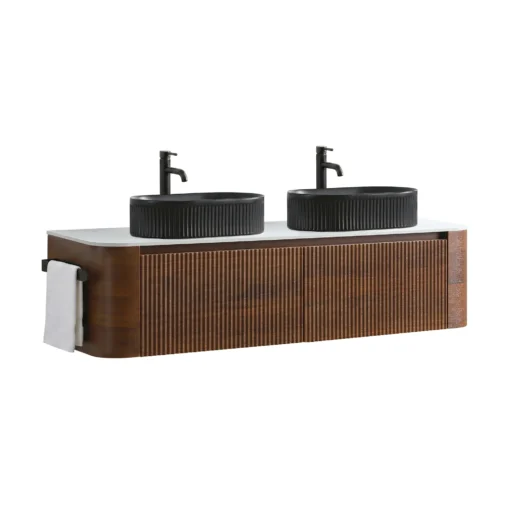 Cittaneo ERBA 60 inch wall mounted double sink walnut bathroom vanity with side towel rack, black vessel sinks and fluted drawer fronts