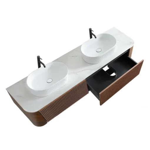 Cittaneo ERBA 72 inch double sink floating bathroom vanity with open storage drawers, walnut fluted fronts and two white vessel sinks