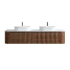 Cittaneo ERBA 72 inch double sink floating walnut bathroom vanity with two white fluted vessel sinks, white countertop and ribbed cabinet doors