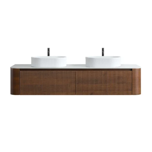 Cittaneo ERBA 72 inch double sink floating walnut bathroom vanity with two white fluted vessel sinks, white countertop and ribbed cabinet doors