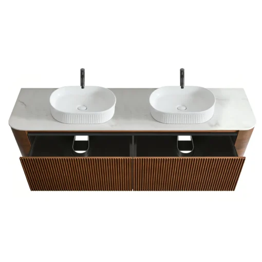 Top view of Cittaneo ERBA 72 inch double sink walnut bathroom vanity with open storage drawers, white vessel sinks and marble-look countertop