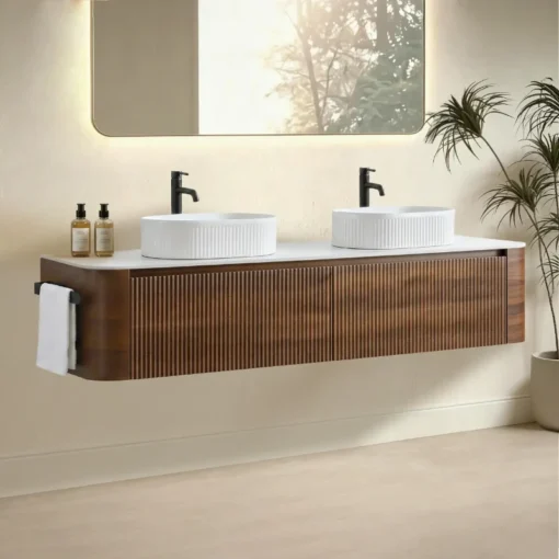 Cittaneo ERBA 72 inch wall mounted double sink walnut bathroom vanity with white fluted vessel sinks, side towel rack and long floating cabinet