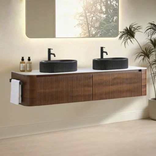 Cittaneo ERBA 72 inch wall mounted walnut double vanity with black vessel sinks, fluted doors and towel rack