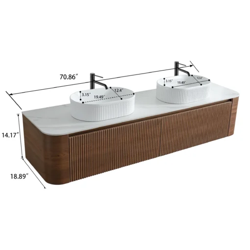 Cittaneo ERBA 72 inch double sink walnut bathroom vanity dimensions with two white fluted vessel sinks, 70.86 inch width, 18.89 inch depth and 14.17 inch height