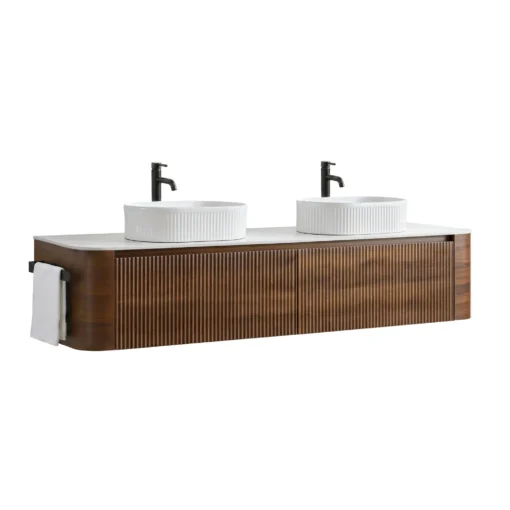 Cittaneo ERBA 72 inch wall mounted double sink walnut bathroom vanity with white fluted vessel sinks, side towel rack and ribbed drawer fronts